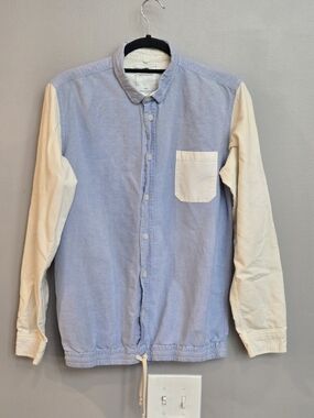 adlib Men’s Large Colorblock Oxford Button Down Shirt Drawstring Hem Blue Cream